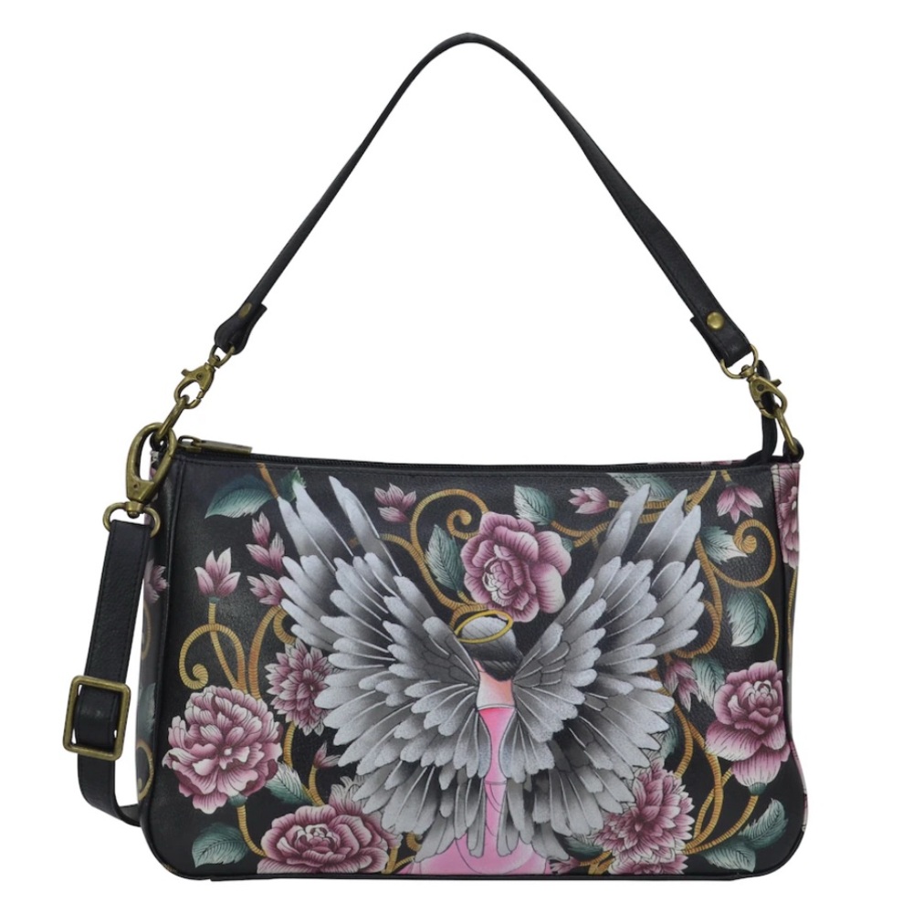 Anuschka Black Bag with Pink Floral and Wing Design